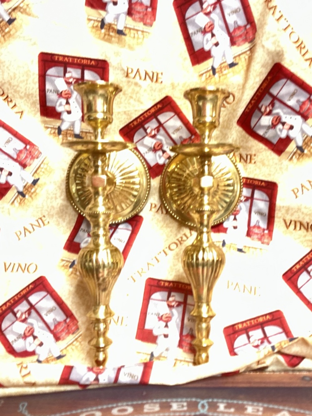 Vintage solid brass gold plated wall mount candlestick sconces.